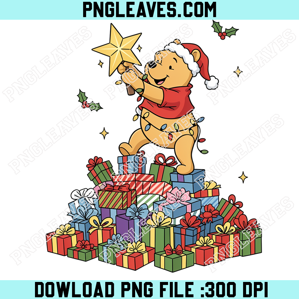 Winnie the Pooh Christmas Gift Pile PNG, Cute Pooh Bear Santa Hat Holiday Presents Design