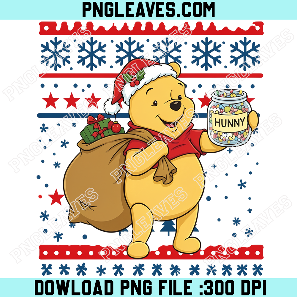 Winnie the Pooh Christmas Honey Candy PNG, Disney Pooh Bear Carrying Santa Gift Bag Festive Winter Illustration