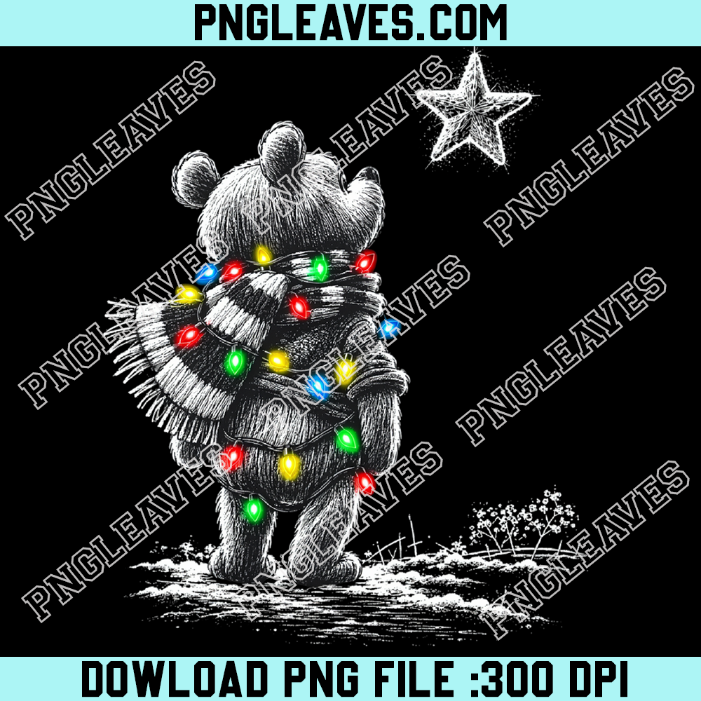 Winnie the Pooh wrapped in Christmas lights looking at star PNG, Cute bear winter night transparent PNG