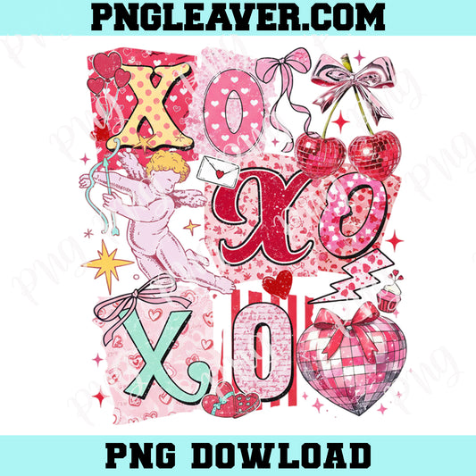 XOXO Valentine Retro Pink Png, Retro Love Png, Coquette Bow Png, Cupid Png, Disco Cherry Png, Preppy Valentine Png, Disco Heart Png