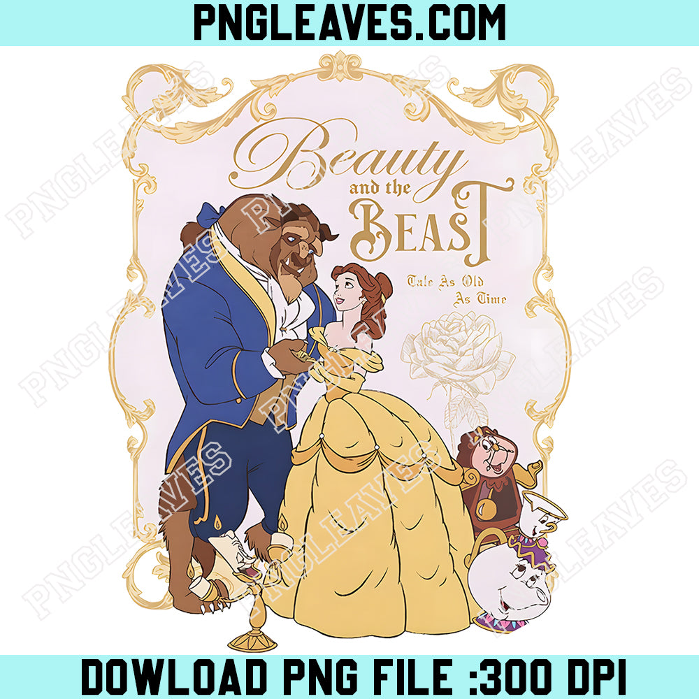 Disney Beauty and the Beast PNG, Belle Princess PNG, Beauty and the Beast Tale As Old As Time Artwork with Lumiere Cogsworth and Chip PNG