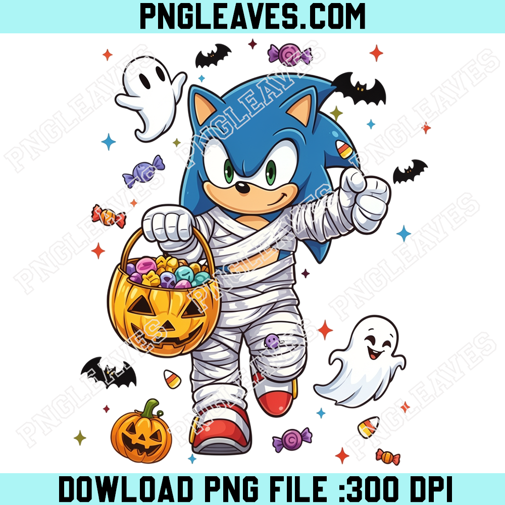 Sonic Halloween Mummy Trick or Treat PNG, Blue Hedgehog Wrapped in Bandages Carrying Pumpkin Candy Bucket