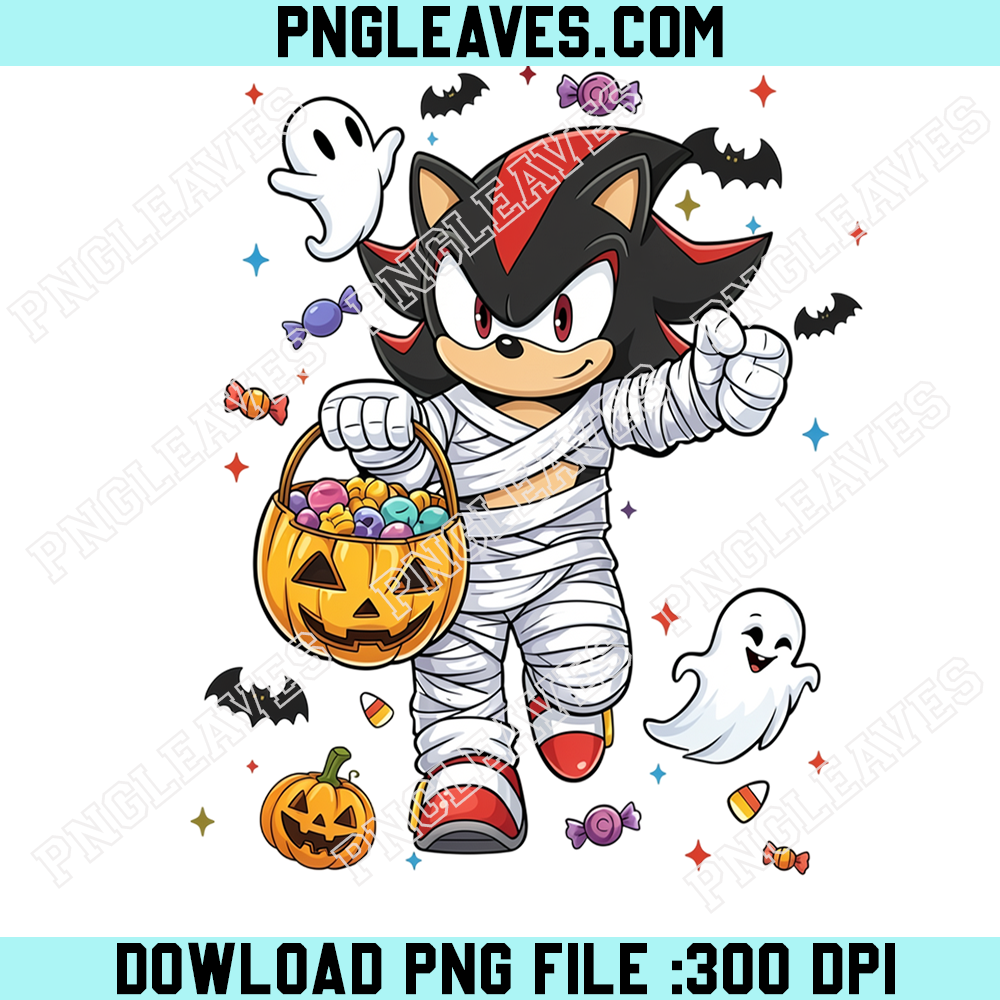 Shadow the Hedgehog Halloween Mummy PNG, Black Red Sonic Character With Jack O Lantern Candy Basket and Ghosts