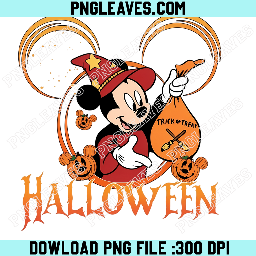 Mickey Mouse Wizard Halloween PNG, Disney Magic Witch Hat Pumpkin Treat Bag Design