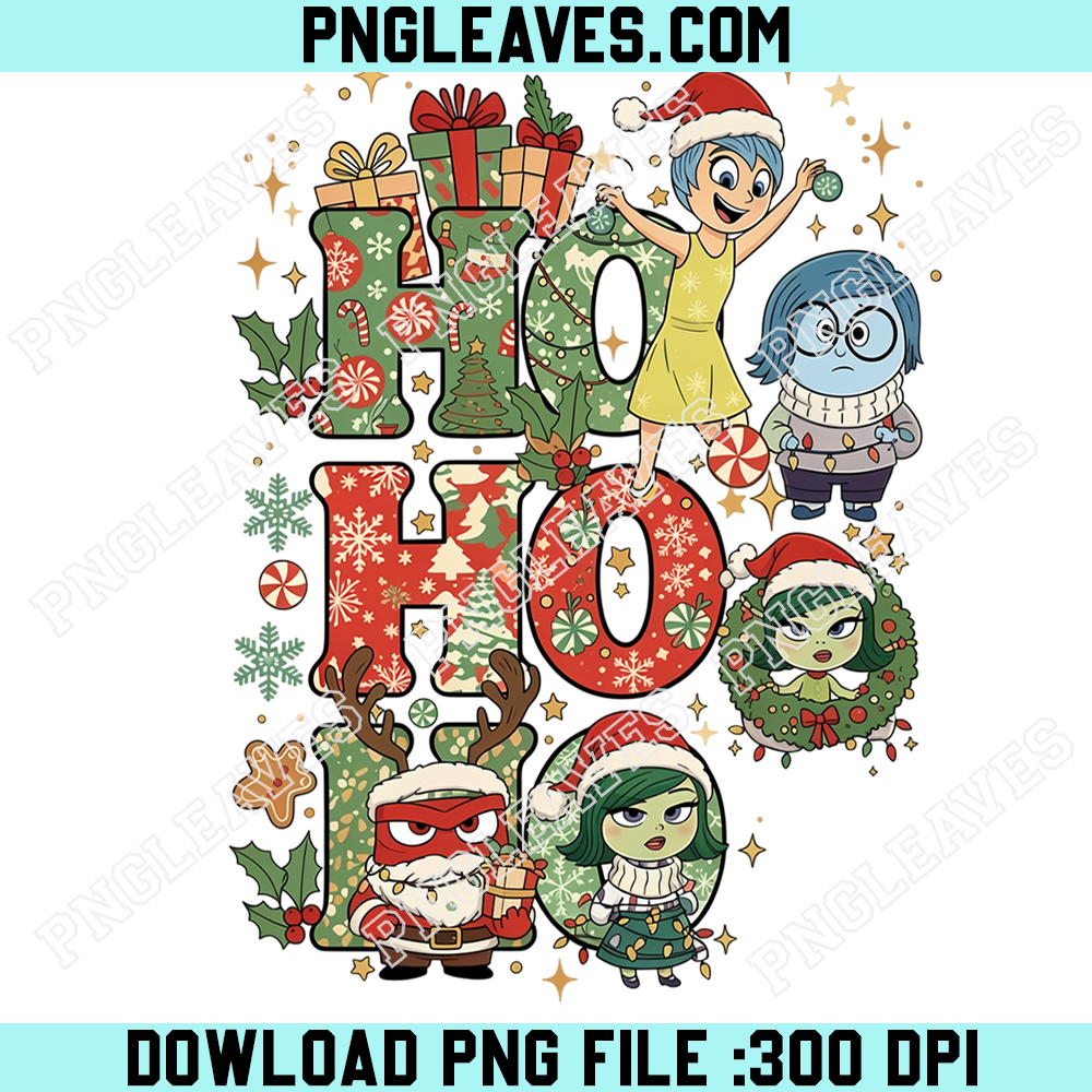 Inside Out Christmas Ho Ho Ho PNG, Joy Sadness Disgust and Anger Festive Holiday Lettering With Santa Hats