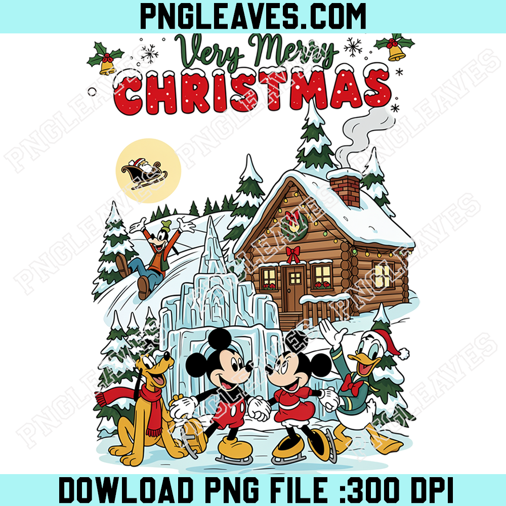 Very Merry Christmas Disney Winter Scene PNG, Mickey Minnie Ice Skating With Donald Goofy and Pluto Snowy Cabin
