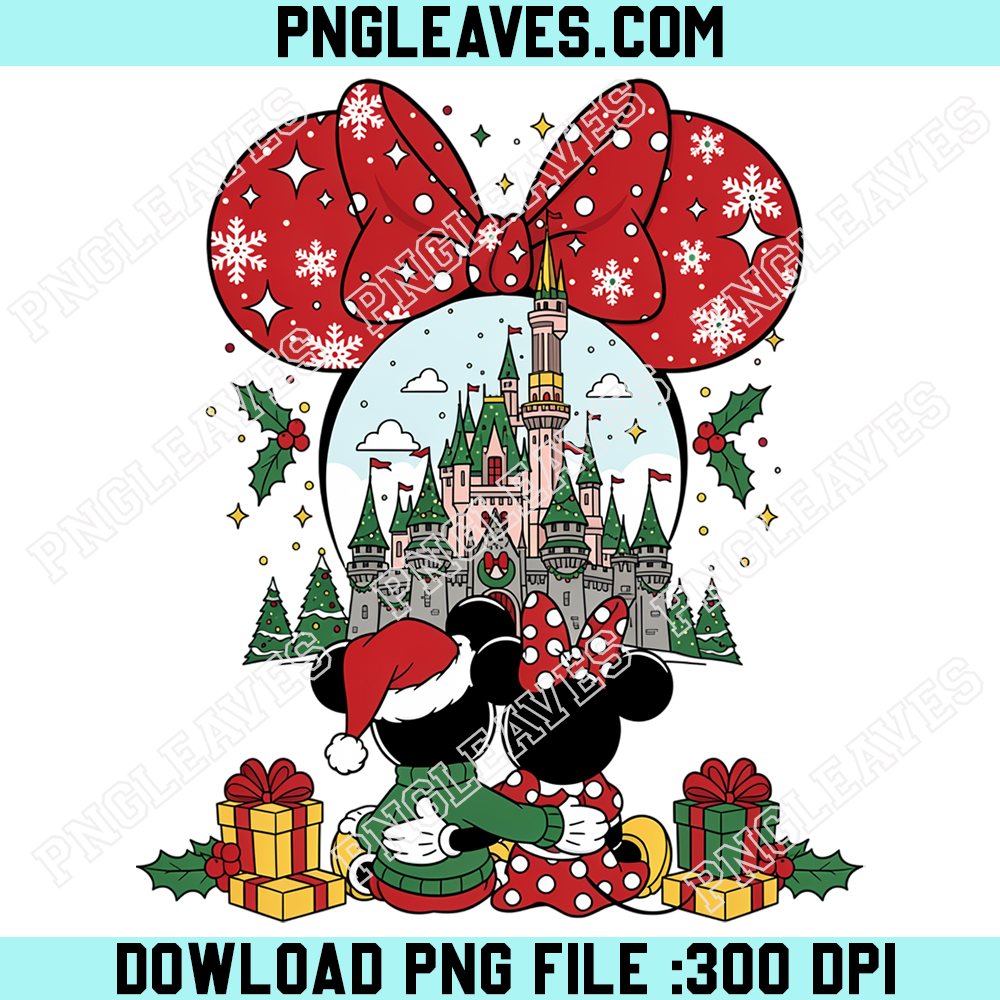 Mickey Minnie Christmas Castle Snowflake Bow PNG, Disney Couple Hugging Under Giant Red Holiday Ribbon
