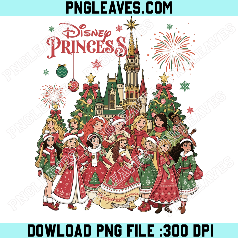Disney Princess Christmas Castle Gathering PNG, Magical Royal Holiday Dresses with Fireworks and Decorated Trees