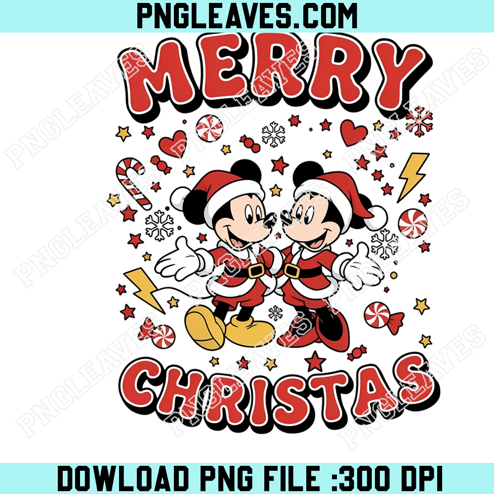 Mickey and Minnie Santa Suits Merry Christmas PNG, Festive Mouse Couple With Candy Canes Stars and Snowflakes