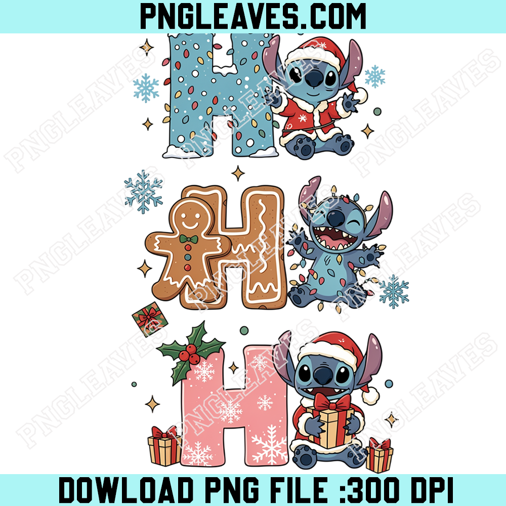 Stitch Christmas Ho Ho Ho Gingerbread Letters PNG, Cute Blue Alien Santa With Holiday Lights and Wrapped Presents