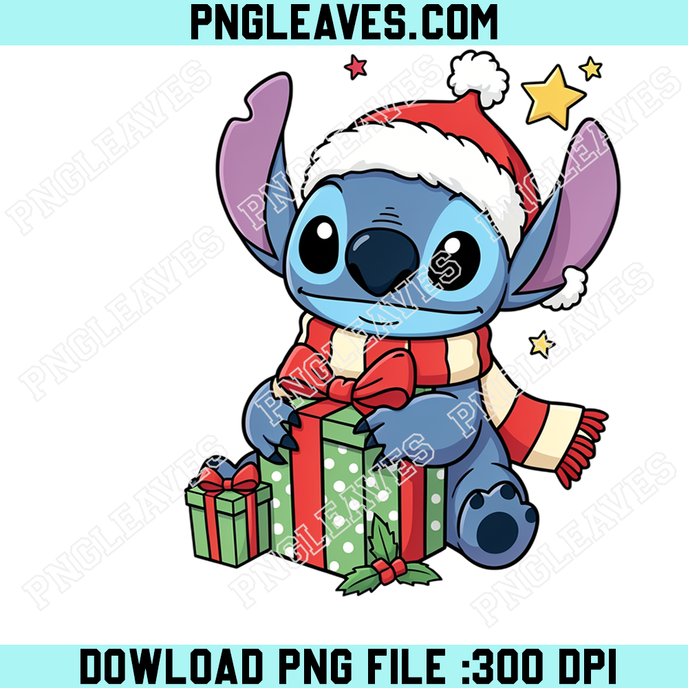 Christmas Stitch Santa Hat Gift Box PNG, Adorable Blue Alien Sitting on Green Polka Dot Present With Winter Scarf