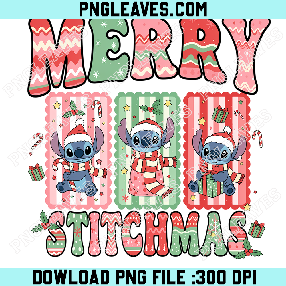 Merry Stitchmas Pastel Christmas Typography PNG, Three Cute Stitch Santa Designs With Candy Canes and Snowflakes