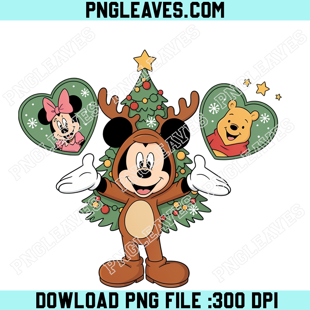 Mickey Christmas Era Reindeer Costume PNG, Disney Mouse Wearing Antlers With Minnie and Winnie Pooh Heart Frames