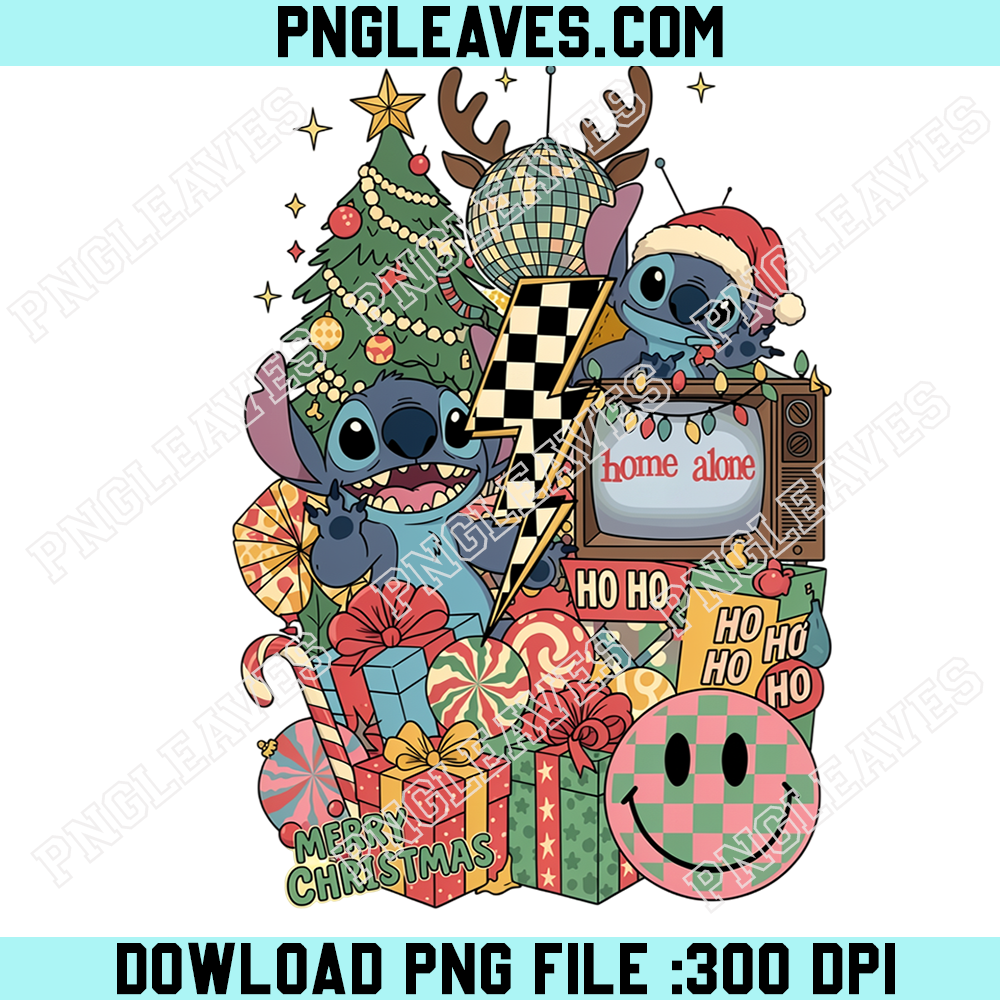 Stitch Christmas Home Alone Retro Collage PNG, Blue Alien With Disco Ball Lightning Bolt and Colorful Holiday Gifts
