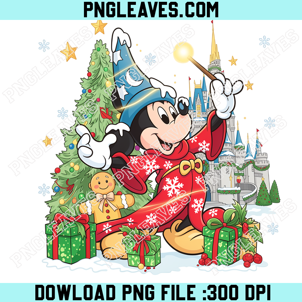 Sorcerer Mickey Magical Christmas PNG, Mickey Mouse in Red Holiday Robe with Snowy Castle and Wrapped Presents