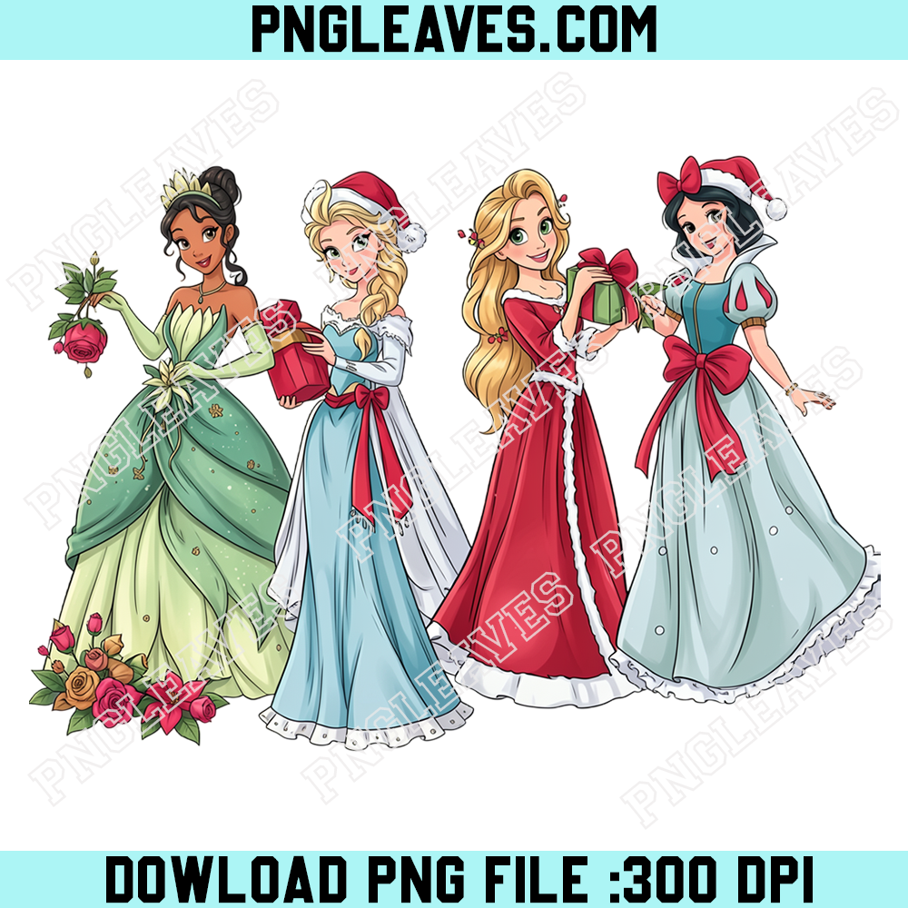 Disney Princess Christmas Gift Exchange PNG, Tiana Elsa Rapunzel Snow White Holiday Design
