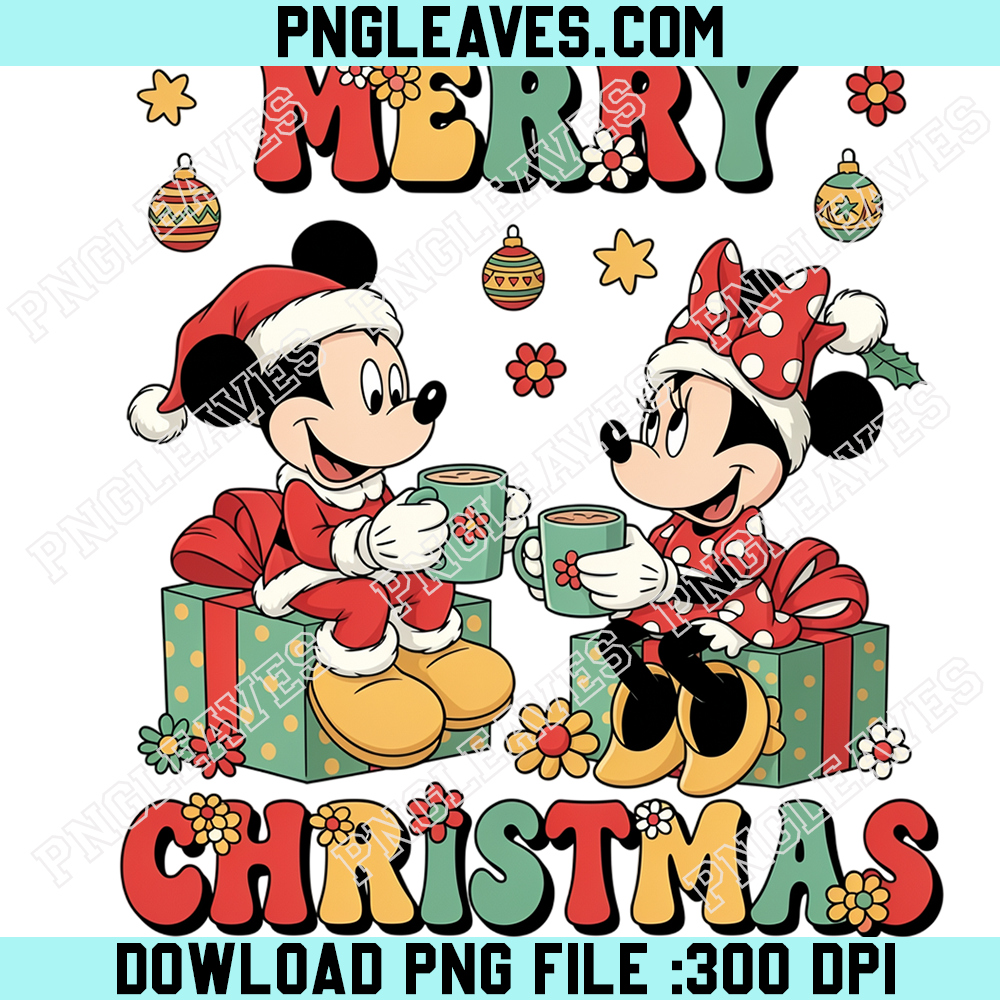 Mickey Minnie Christmas Hot Cocoa Date PNG, Cute Disney Couple Drinking Chocolate on Gift Boxes With Retro Flowers