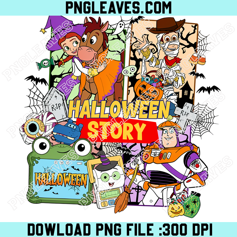 Toy Story Halloween Characters PNG, Woody Buzz Jessie Spooky Costume Collage Design