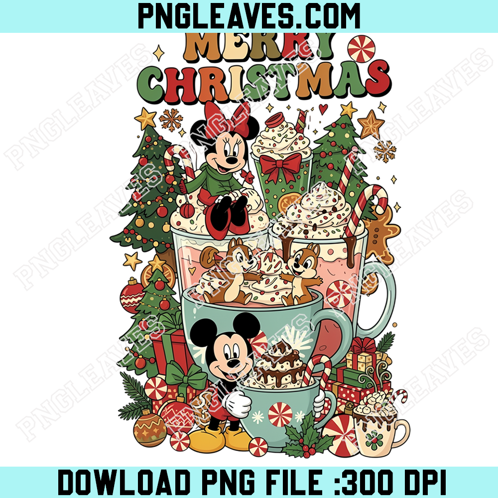 Disney Christmas Cocoa Party PNG, Mickey Minnie Chip and Dale With Whipped Cream Mugs and Decorated Trees