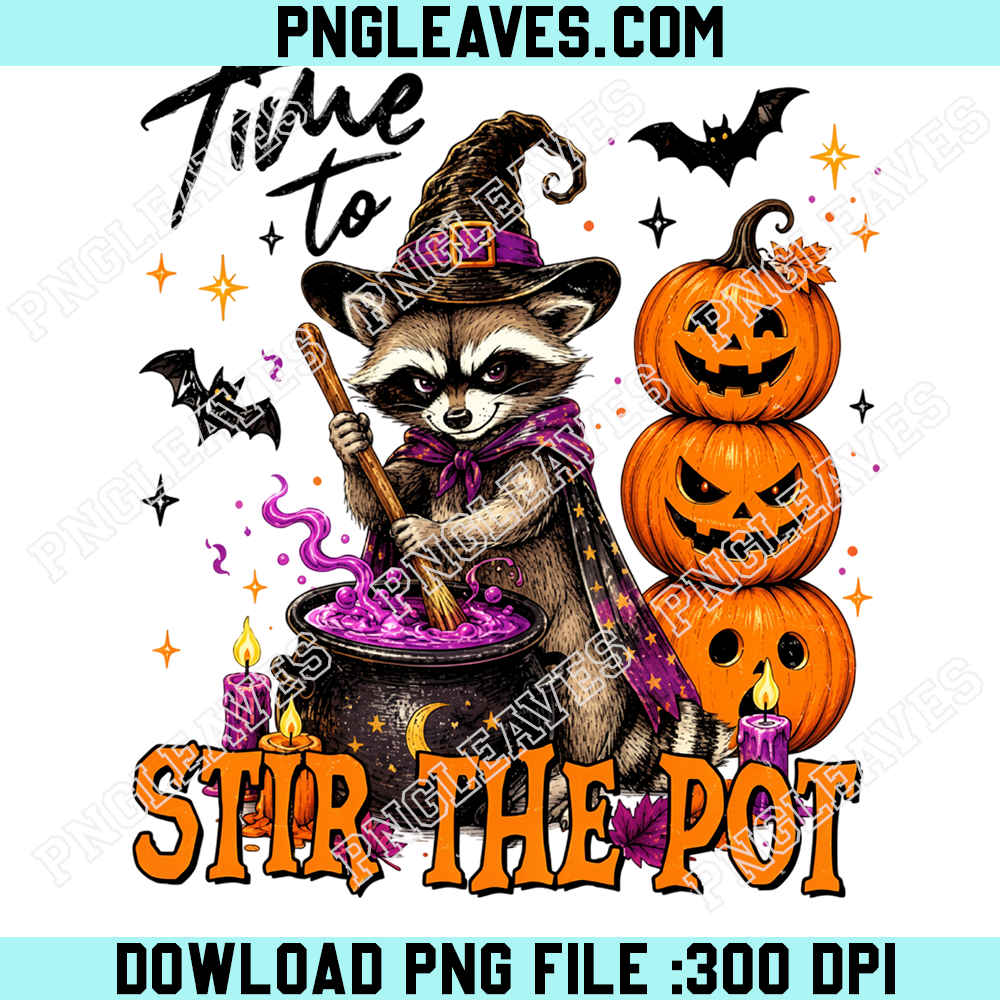 Witch Raccoon Stir The Pot PNG, Halloween Magic Cauldron Pumpkin Spooky Design