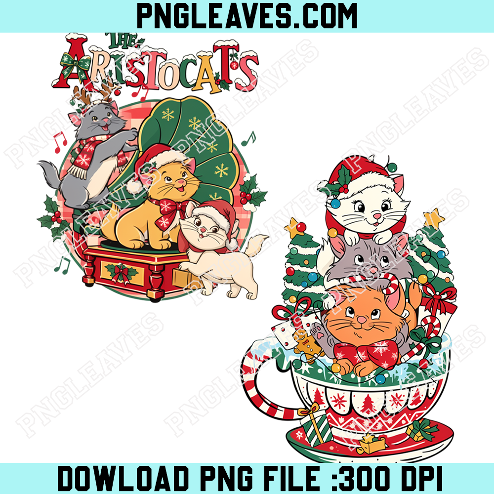 The Aristocats Christmas Kittens PNG, Marie Toulouse and Berlioz with Festive Teacup and Holiday Presents