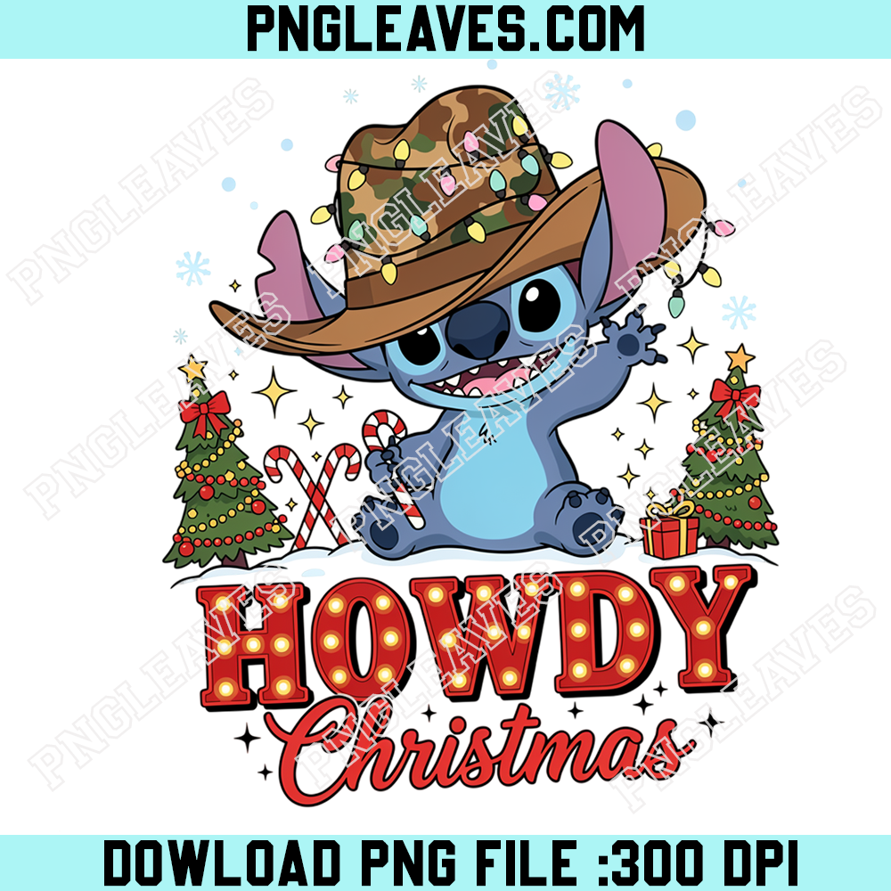 Howdy Christmas Cowboy Stitch PNG, Cute Blue Alien Wearing Camo Cowboy Hat With Holiday Lights and Candy Cane