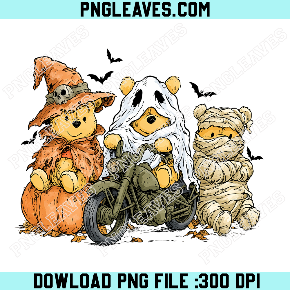 Winnie The Pooh Halloween PNG, Pooh Ghost Mummy Witch Motorcycle Costume Design