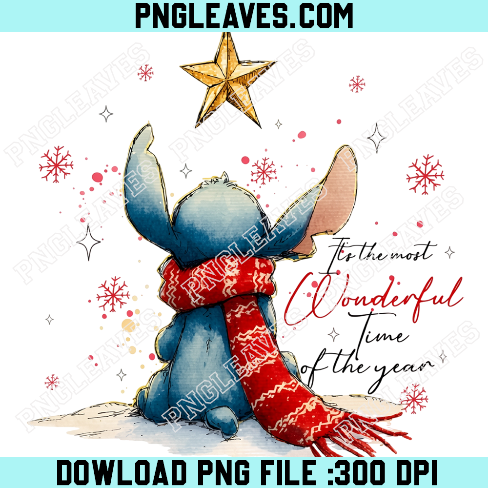 Stitch Christmas Wonderful Time of Year PNG, Cute Blue Alien Red Scarf Winter Snowflake Art