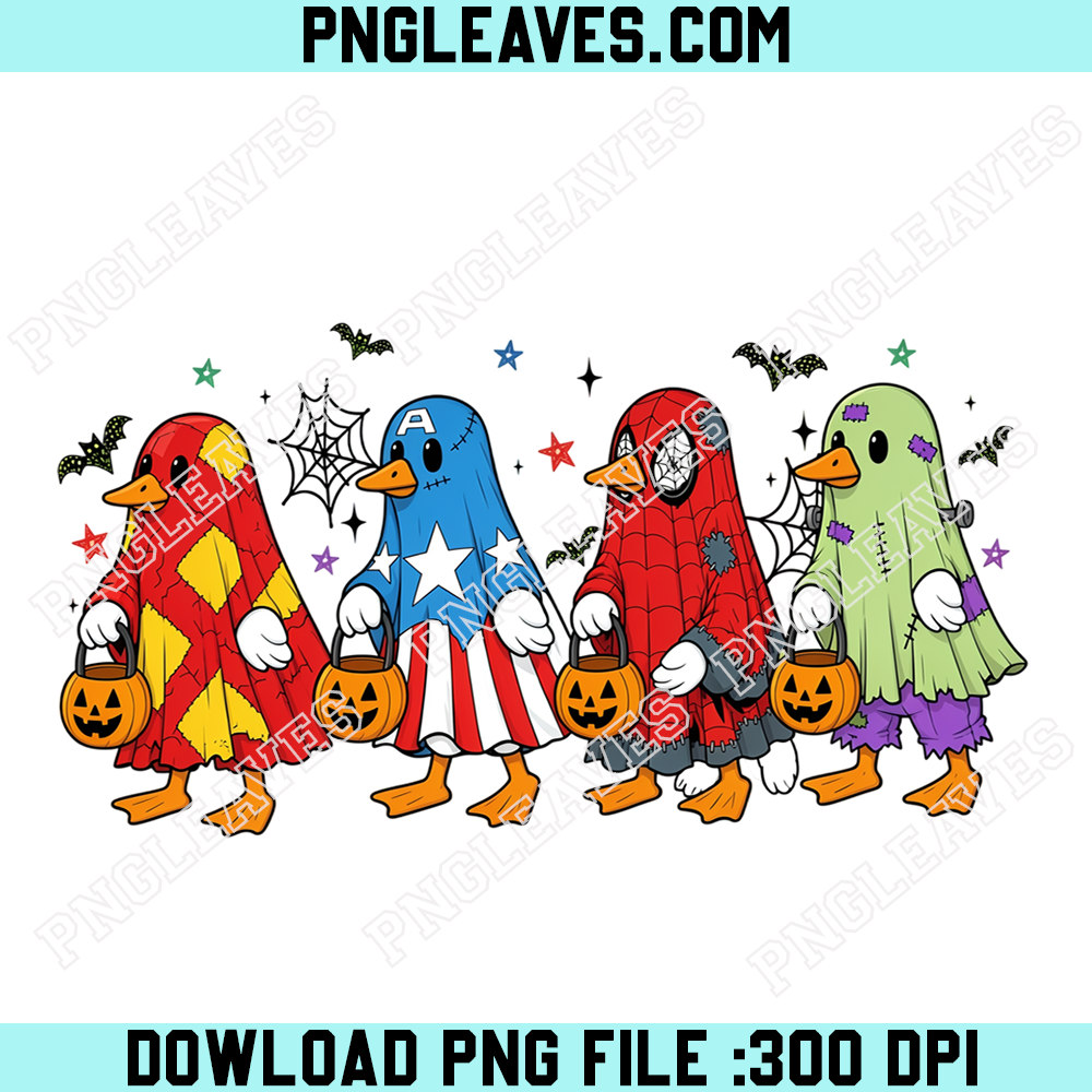 Superhero Ducks Halloween PNG, Iron Man Captain America Spider Man Frankenstein Duck Design