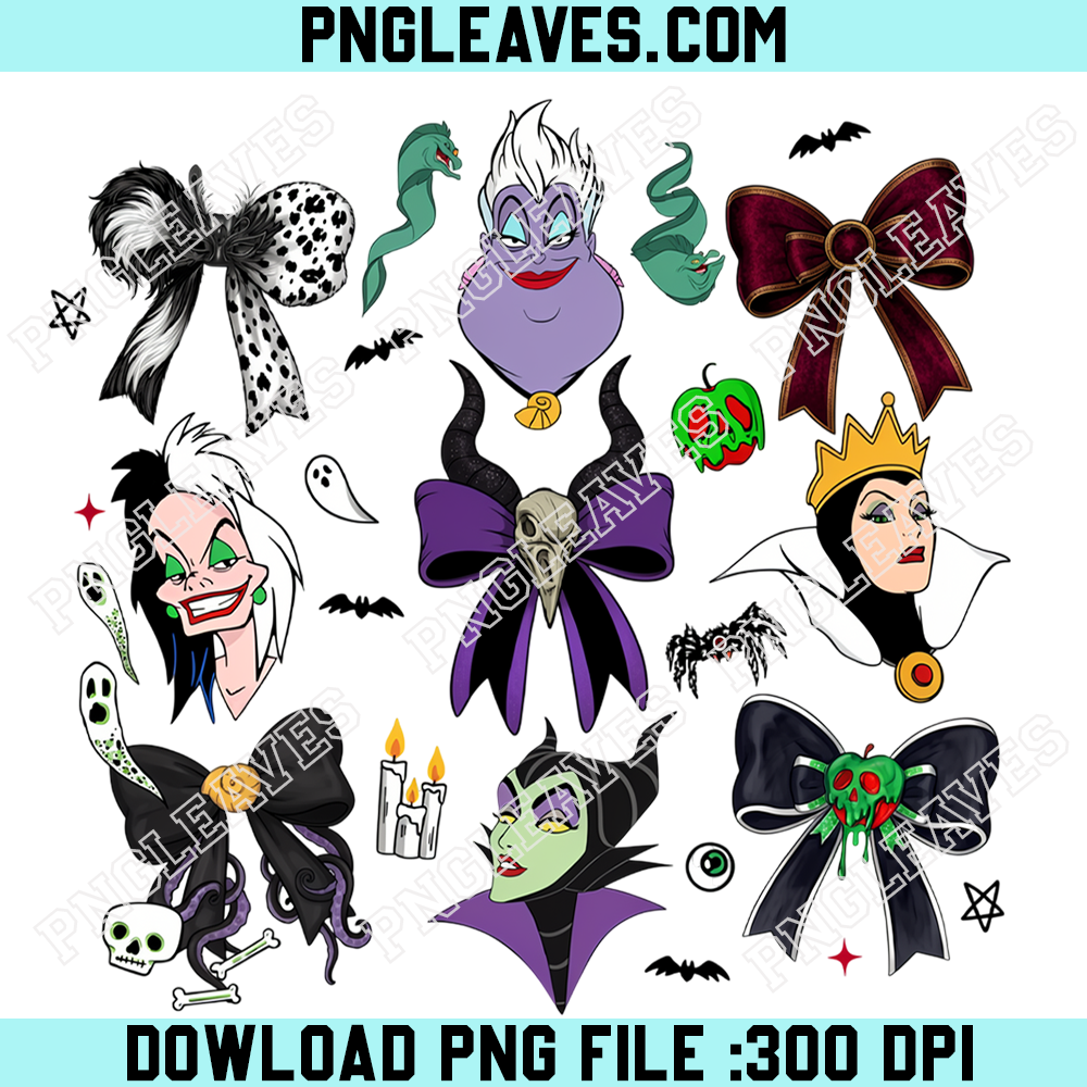 Disney Villains Halloween PNG, Ursula Cruella Maleficent Evil Queen Spooky Bow Design