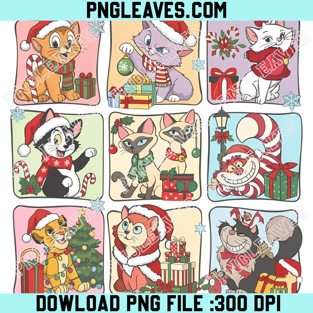Disney Cats Christmas Nine Panel Collage PNG, Cute Cartoon Kittens Wearing Santa Hats with Gifts and Candy Canes