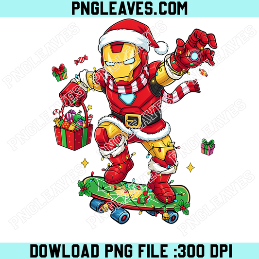 Ironman Christmas Armored Hero Skateboard PNG, Festive Red Gold Hero PNG
