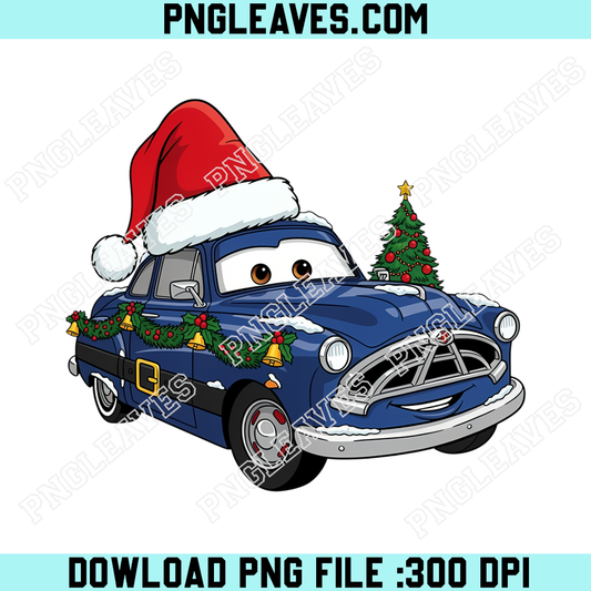 Blue Vintage Christmas Car PNG, Santa Hat Holiday Classic Vehicle PNG