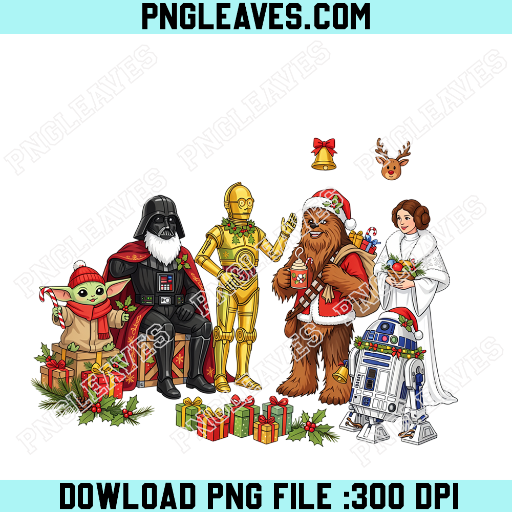 Star Wars Christmas Family Celebration PNG, Baby Yoda Darth Vader Chewbacca Princess Leia Festive Holiday Design