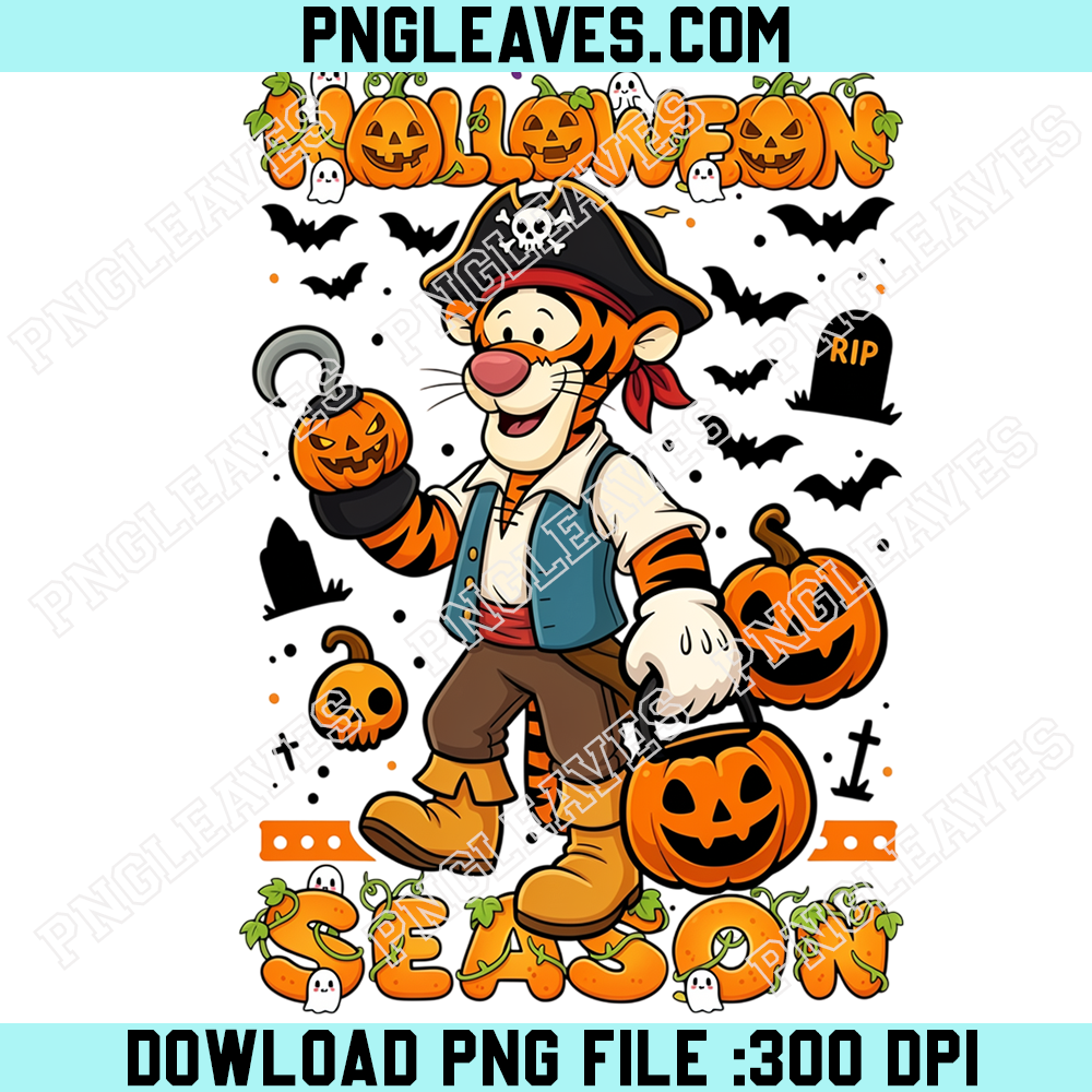 Tigger Pirate Halloween Season PNG, Winnie the Pooh Tiger with Jack O Lantern Candy Bucket and Spooky Decorations