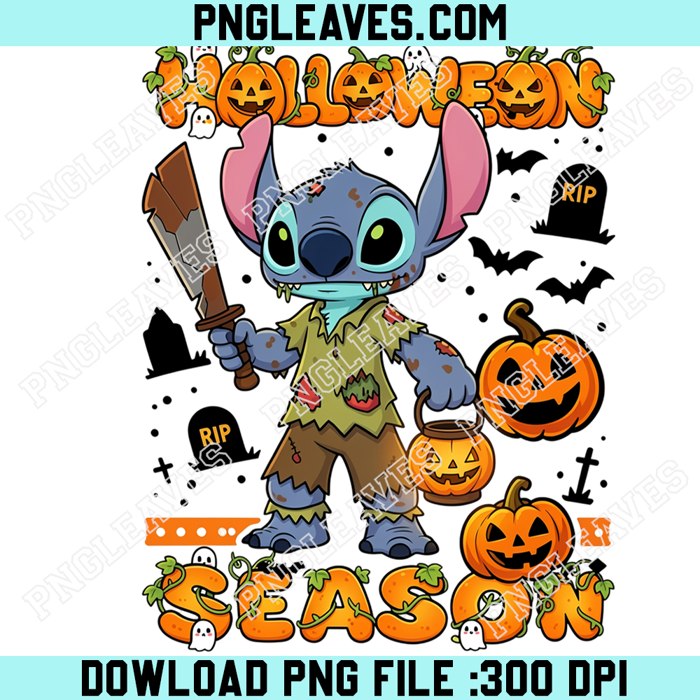 Stitch Zombie Halloween Season PNG, Spooky Blue Alien with Pirate Sword and Trick or Treat Pumpkin Bucket
