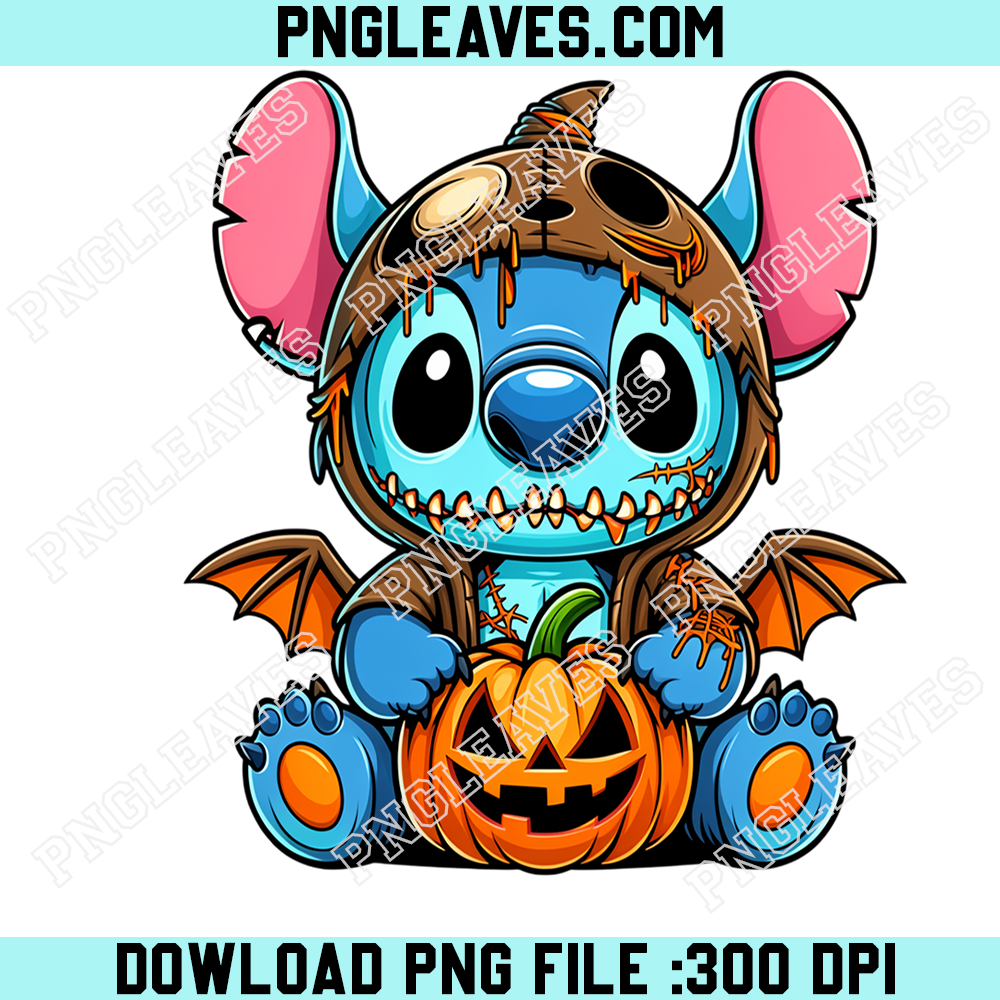 Baby Stitch Bat Wing Halloween Pumpkin PNG, Cute Blue Alien in Spooky Costume Holding Jack O Lantern