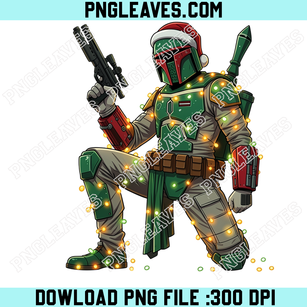 Boba Fett Christmas String Lights PNG, Mandalorian Bounty Hunter Santa Hat Festive Digital Artwork