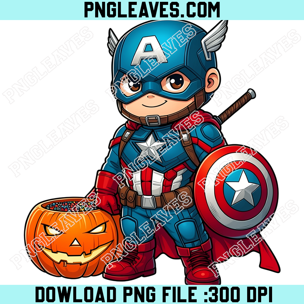 Baby Captain America Halloween Costume PNG, Cute Chibi Superhero Holding Shield Beside Spooky Pumpkin Candy Bowl