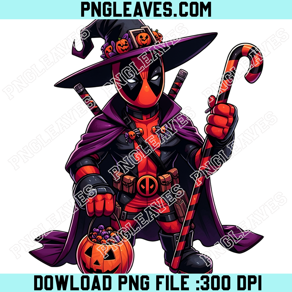Deadpool Halloween Witch Costume PNG, Marvel Antihero with Purple Cape Pumpkin Candy Pail and Striped Candy Cane