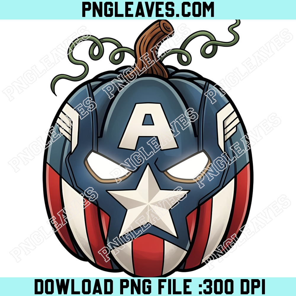 Captain America Jack O Lantern Pumpkin PNG, Superhero Shield Inspired Halloween Carving with Glowing Star Eyes