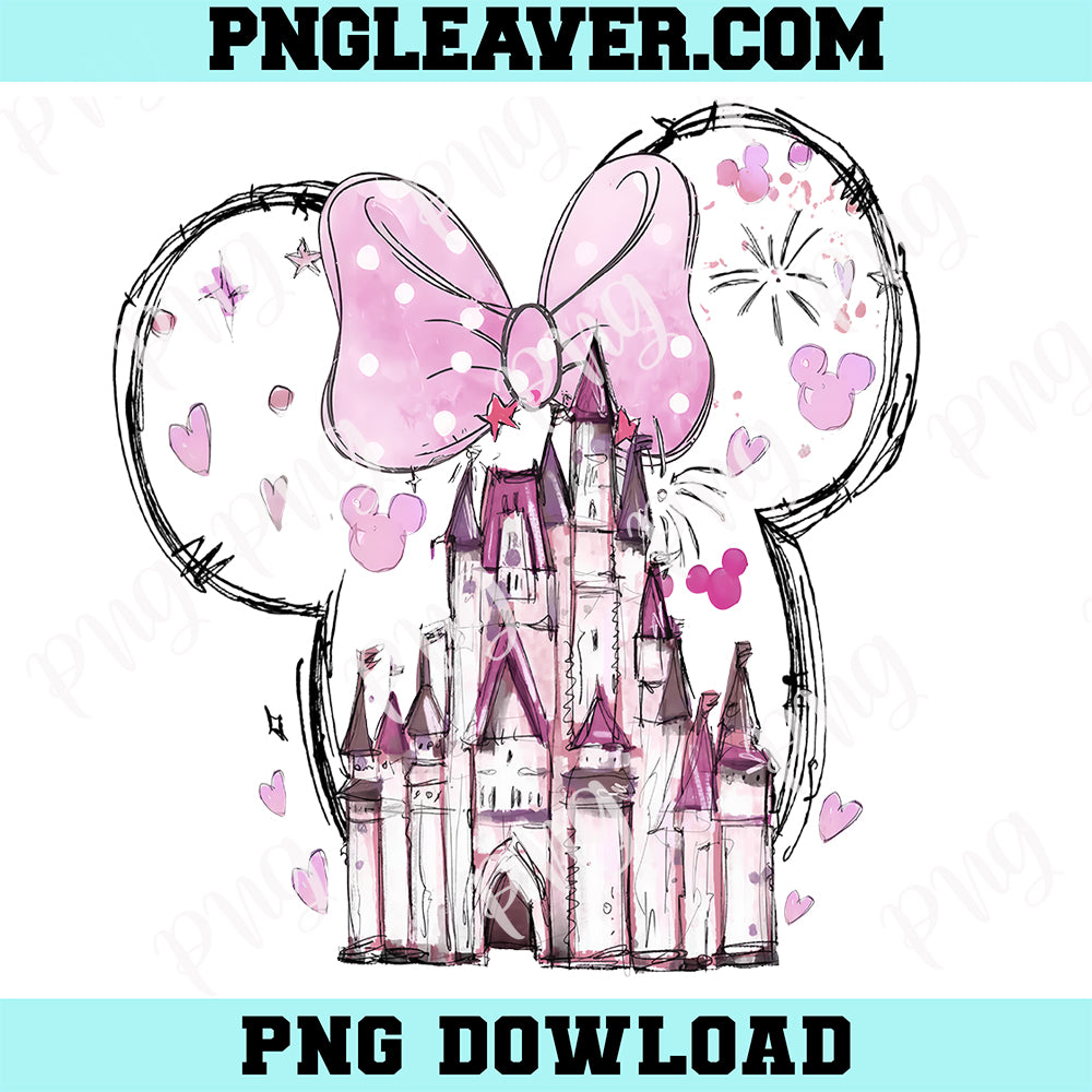 Pink Minnie Bow Disneyland Castle Png, Disney Watercolor Castle Png, Disneyland Girls Trip Png