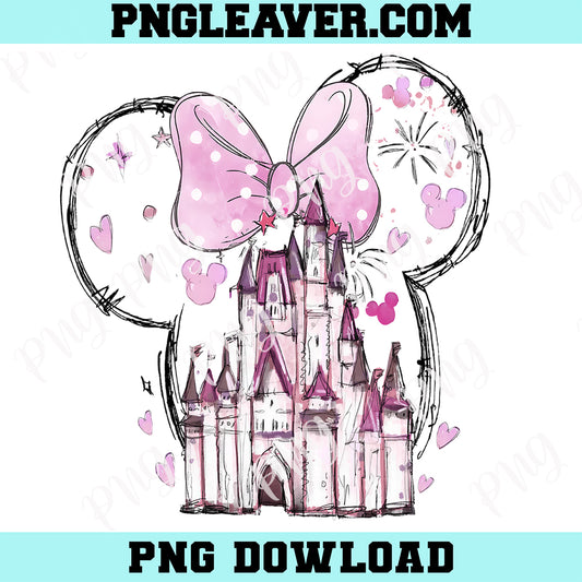 Pink Minnie Bow Disneyland Castle Png, Disney Watercolor Castle Png, Disneyland Girls Trip Png